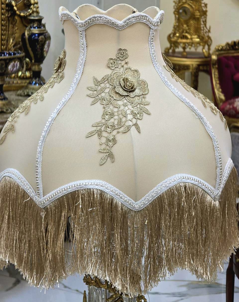 French Crystal Table Lamp – Beige & Ivory Shade with Gold Thread Fringe and Ornate Gold Leaf Base