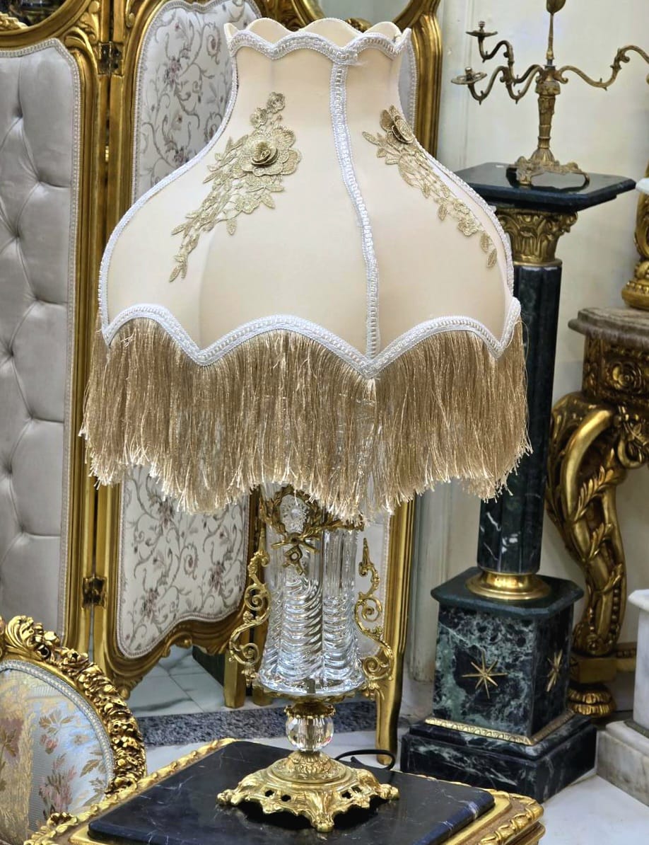 French Crystal Table Lamp – Beige & Ivory Shade with Gold Thread Fringe and Ornate Gold Leaf Base