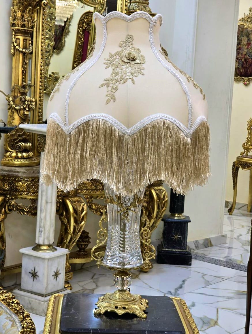 French Crystal Table Lamp – Beige & Ivory Shade with Gold Thread Fringe and Ornate Gold Leaf Base