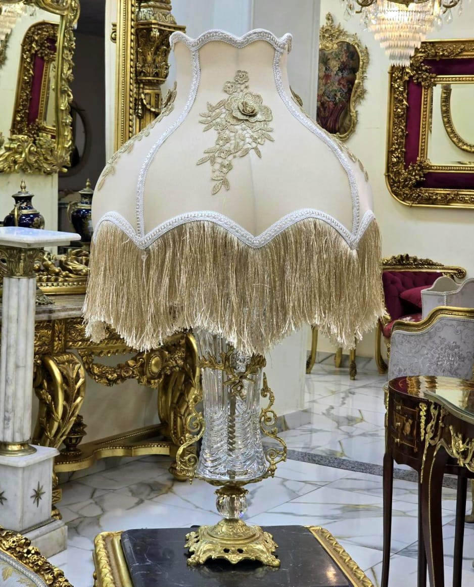 French Crystal Table Lamp – Beige & Ivory Shade with Gold Thread Fringe and Ornate Gold Leaf Base