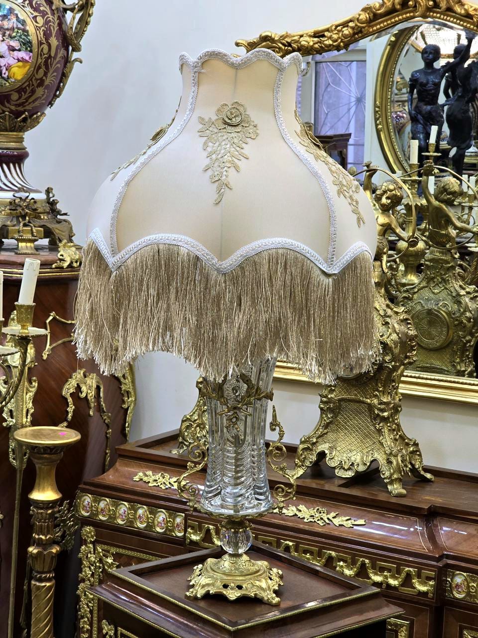 French Crystal Table Lamp – Beige & Ivory Shade with Gold Thread Fringe and Ornate Gold Leaf Base