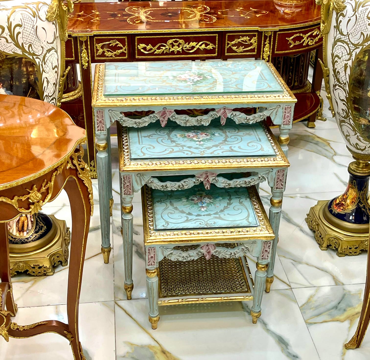 French Style Nesting Tables – Set of 3 with Glass Tops, Soft Blue Finish & Gold Leaf Details