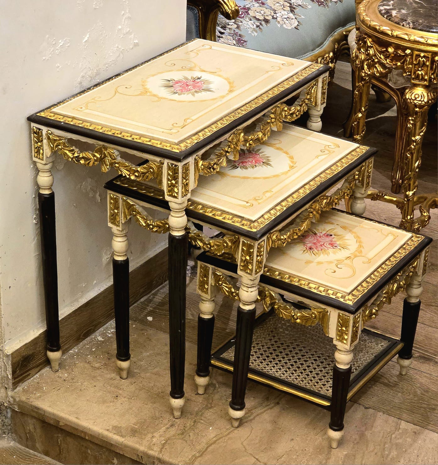 French Style Nesting Tables – Set of 3 with Glass Tops, Black Frames & Floral Center Detail