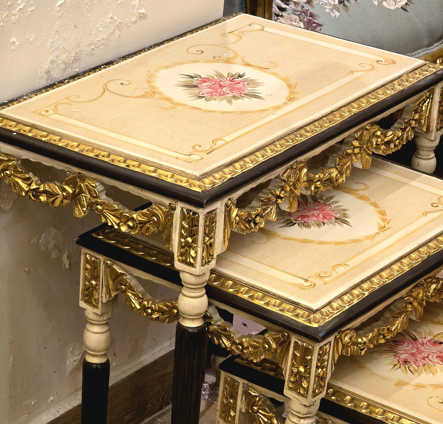 French Style Nesting Tables – Set of 3 with Glass Tops, Black Frames & Floral Center Detail
