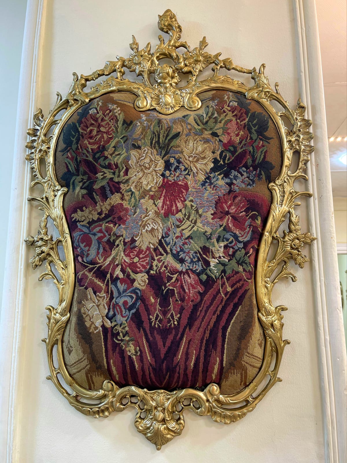 Rococo Gobelin Wall Tapestry – Floral Still Life with Gold Leaf Frame