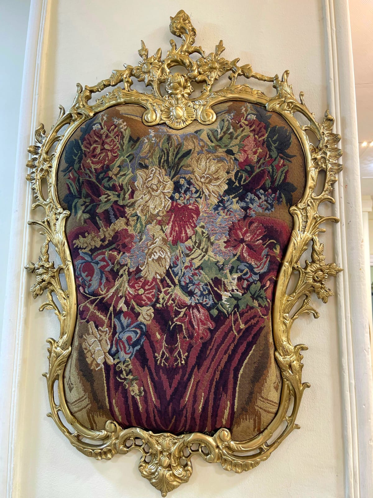 Rococo Gobelin Wall Tapestry – Floral Still Life with Gold Leaf Frame