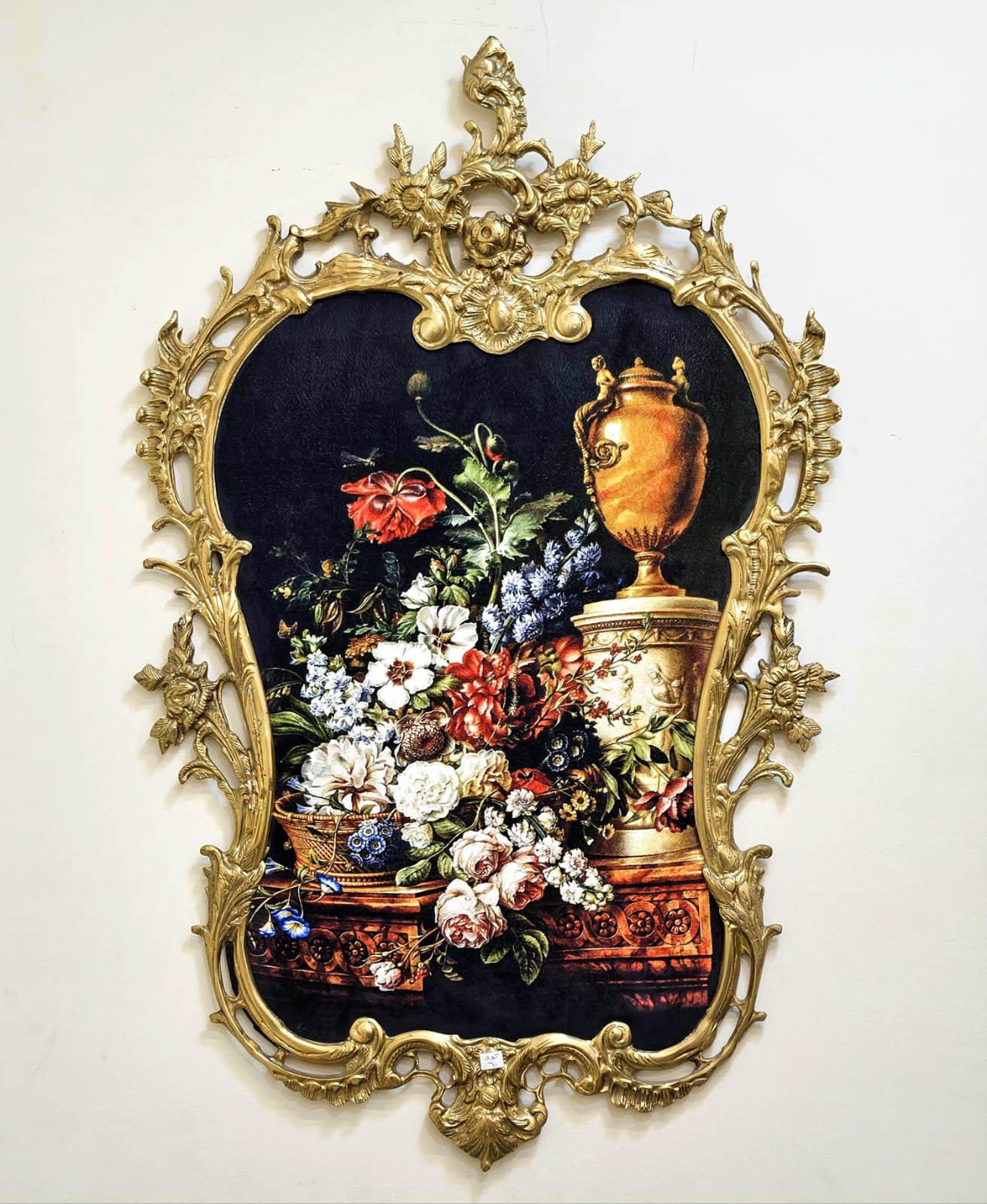 French Rococo Gobelin Wall Tapestry – Floral Still Life with Gold Leaf Frame