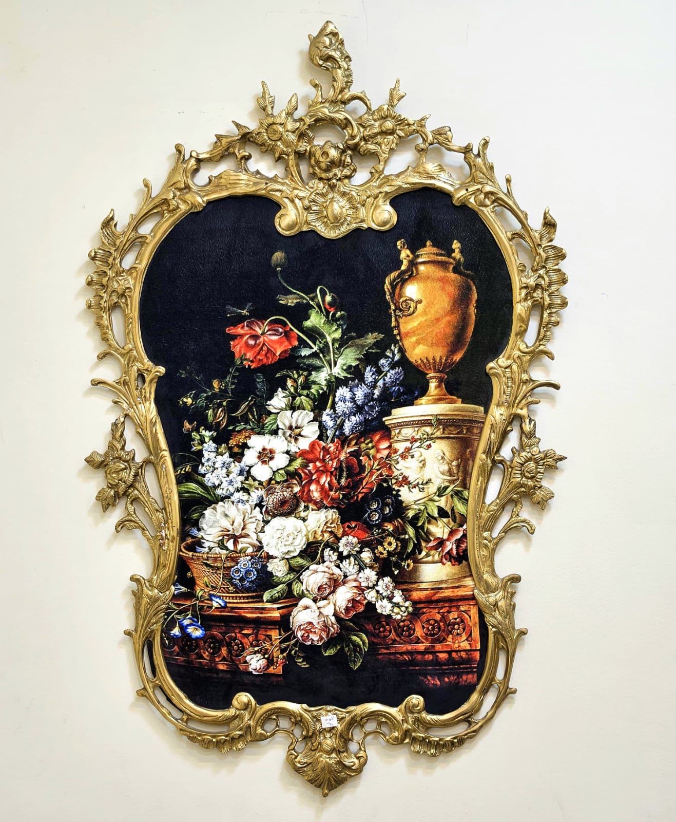 French Rococo Gobelin Wall Tapestry – Floral Still Life with Gold Leaf Frame