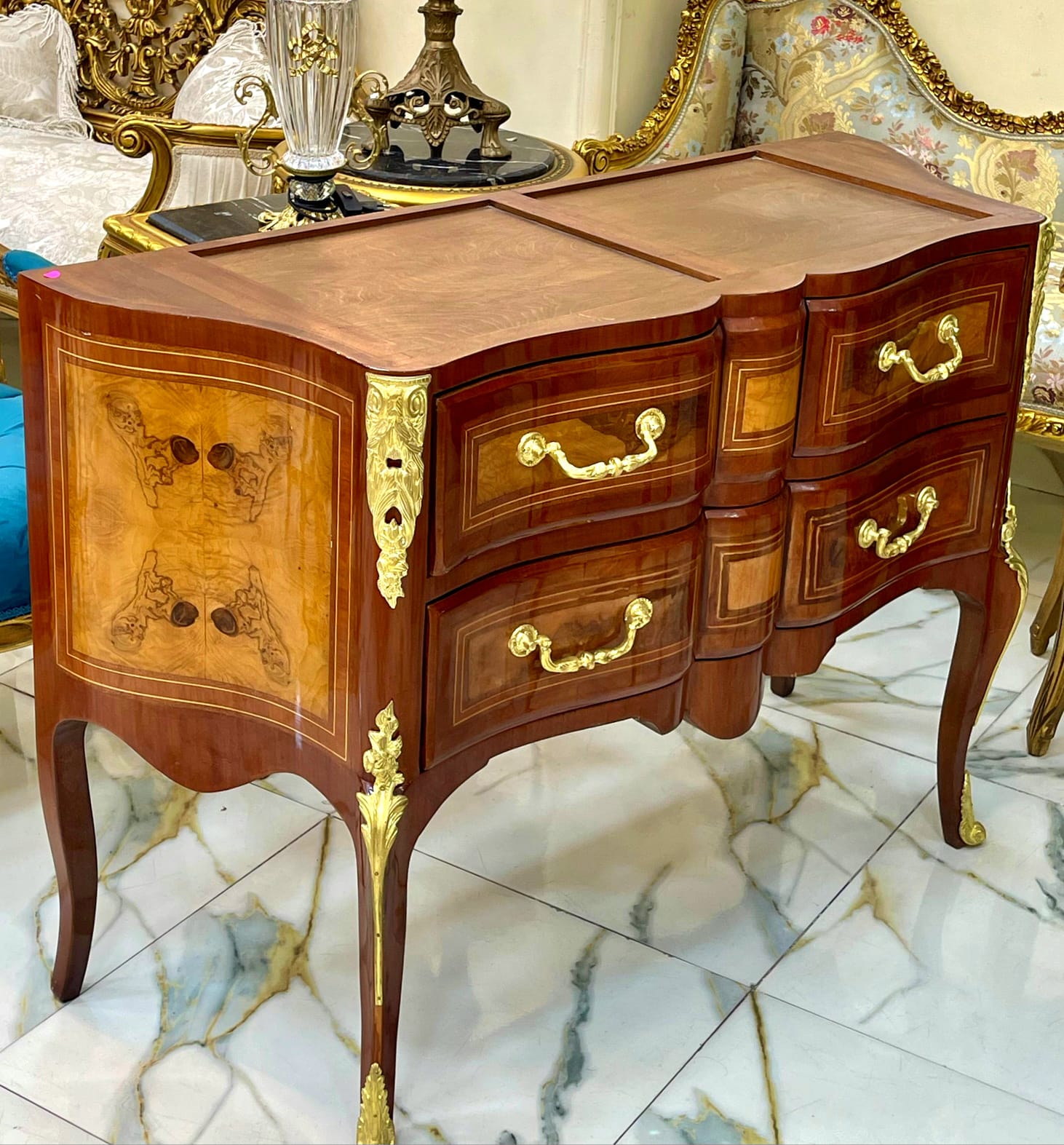 Louis XVI Style Wooden Commode with Marble Top, Gold Leaf Handles & 4 Drawers