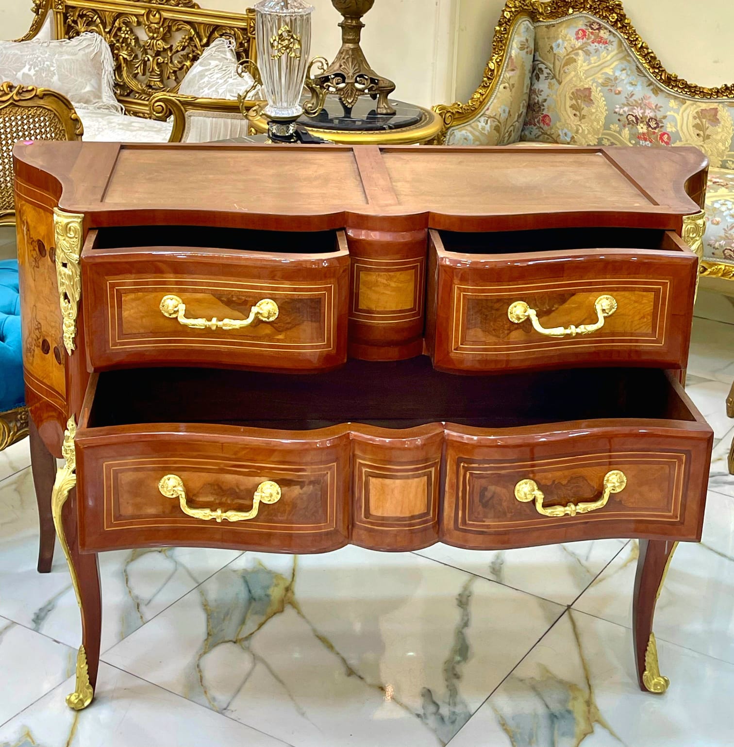 Louis XVI Style Wooden Commode with Marble Top, Gold Leaf Handles & 4 Drawers