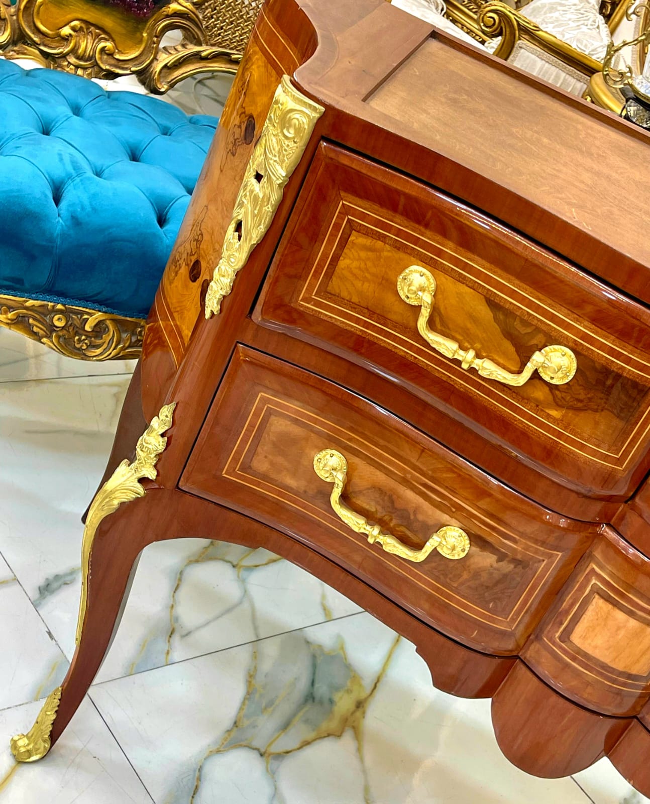 Louis XVI Style Wooden Commode with Marble Top, Gold Leaf Handles & 4 Drawers