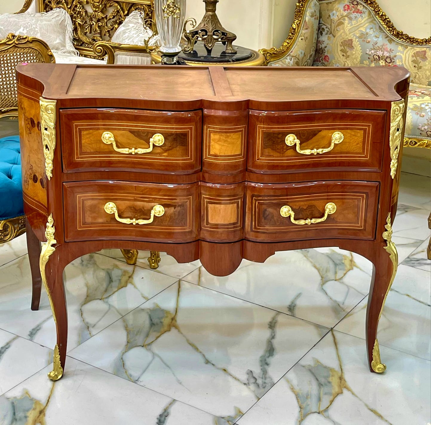 Louis XVI Style Wooden Commode with Marble Top, Gold Leaf Handles & 4 Drawers
