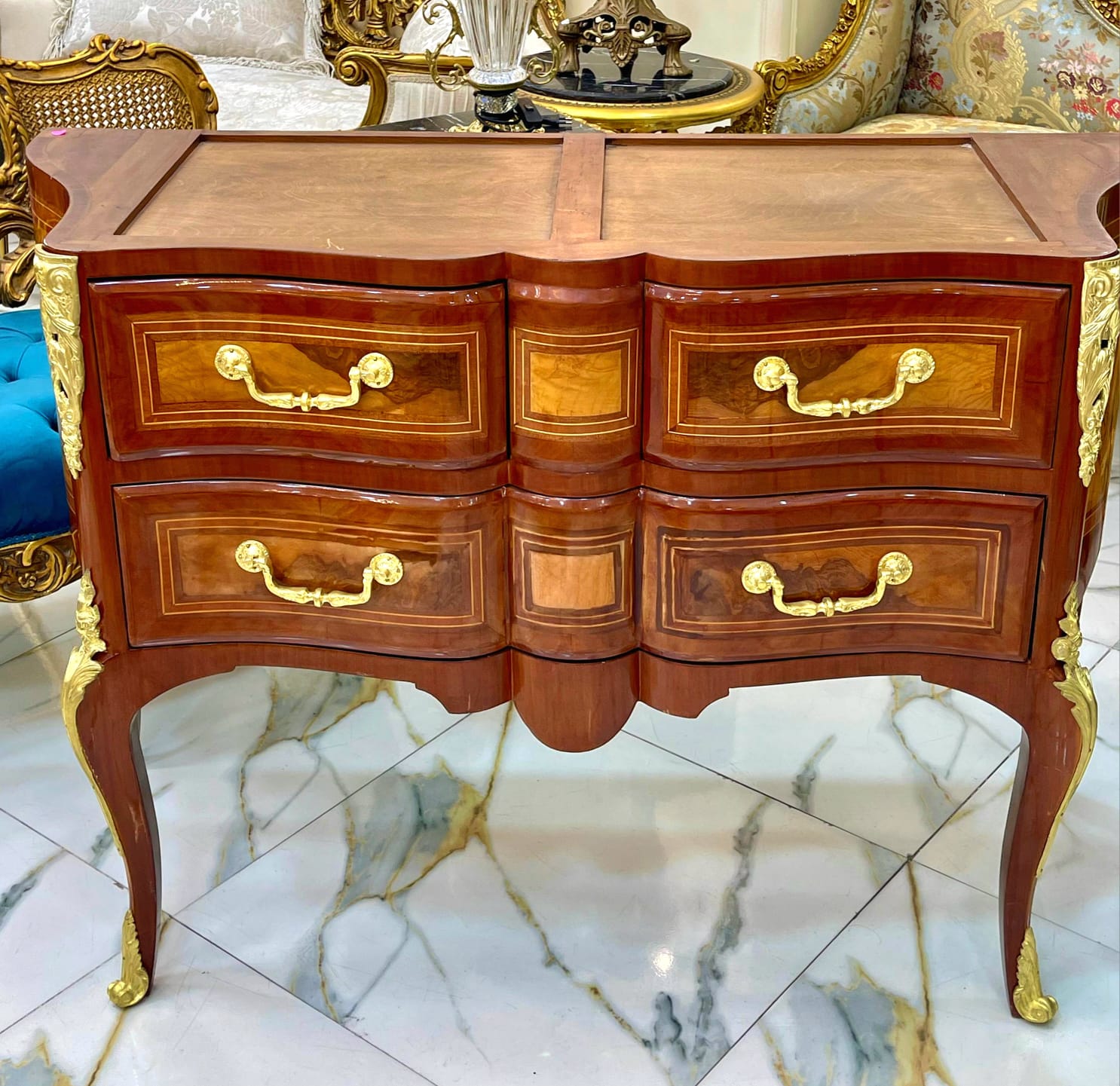 Louis XVI Style Wooden Commode with Marble Top, Gold Leaf Handles & 4 Drawers