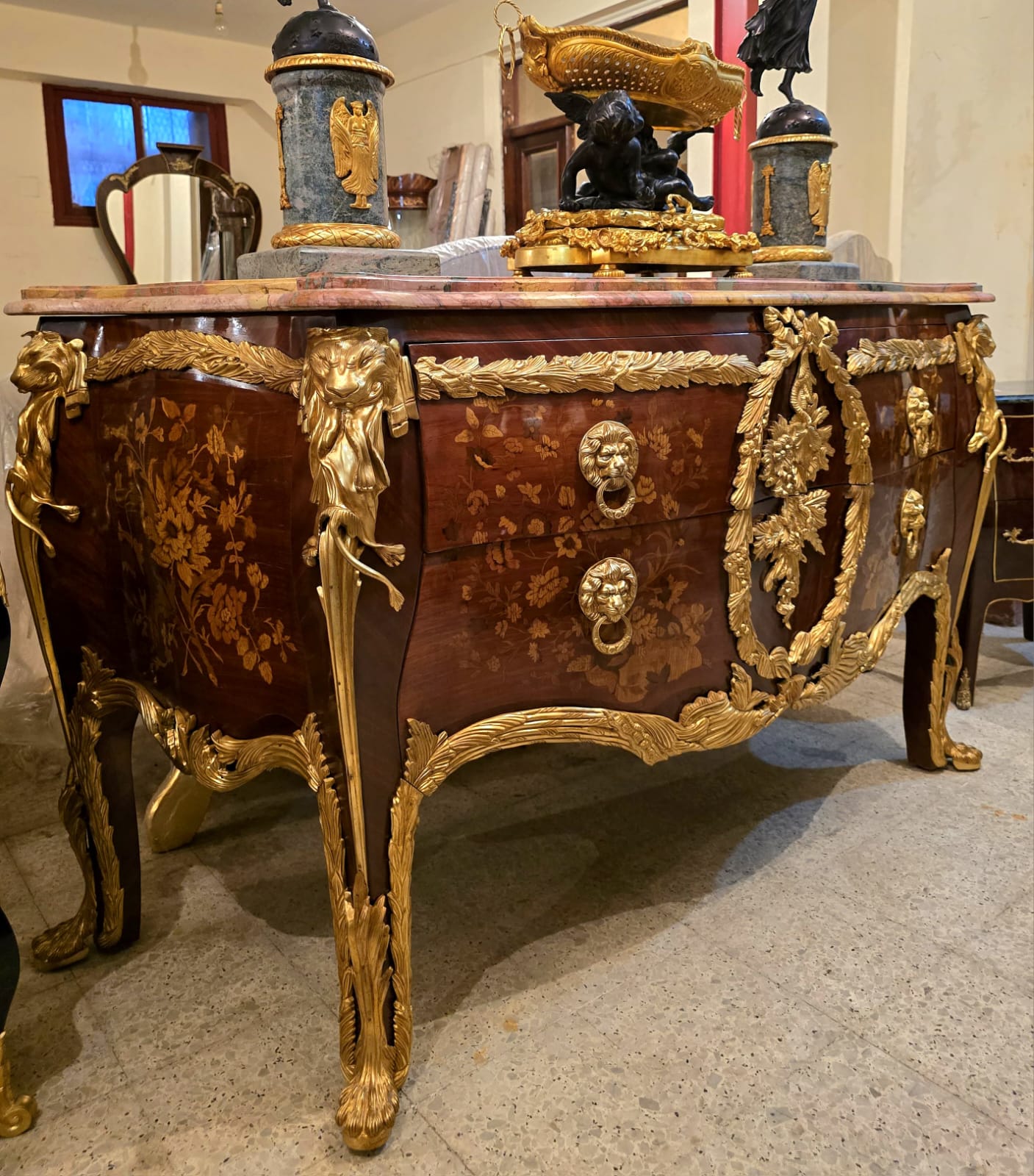 Large French Louis XV Style Commode – Marble Top Dresser with Bronze & Gold Details, Luxury 2 Drawer Chest