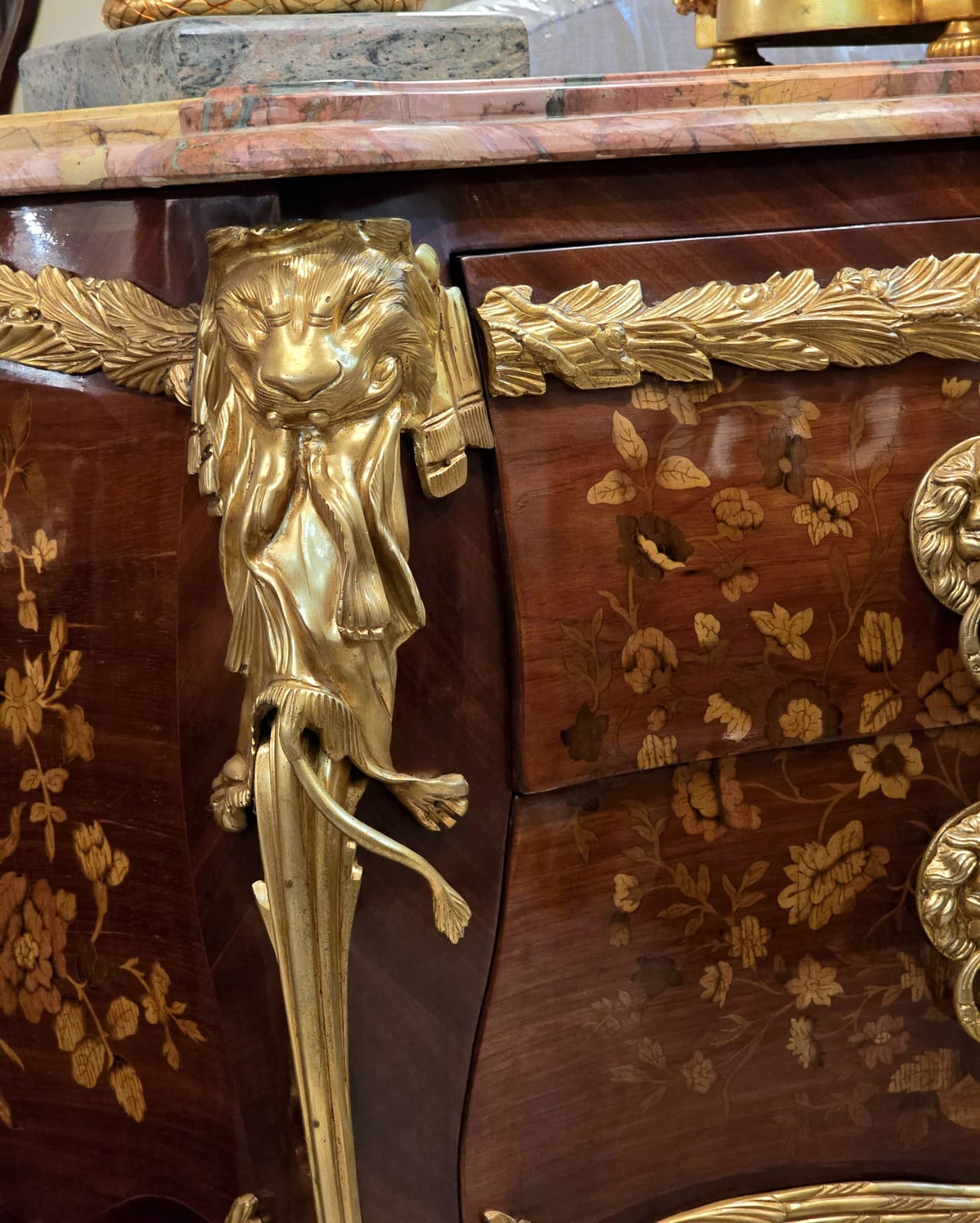 Large French Louis XV Style Commode – Marble Top Dresser with Bronze & Gold Details, Luxury 2 Drawer Chest