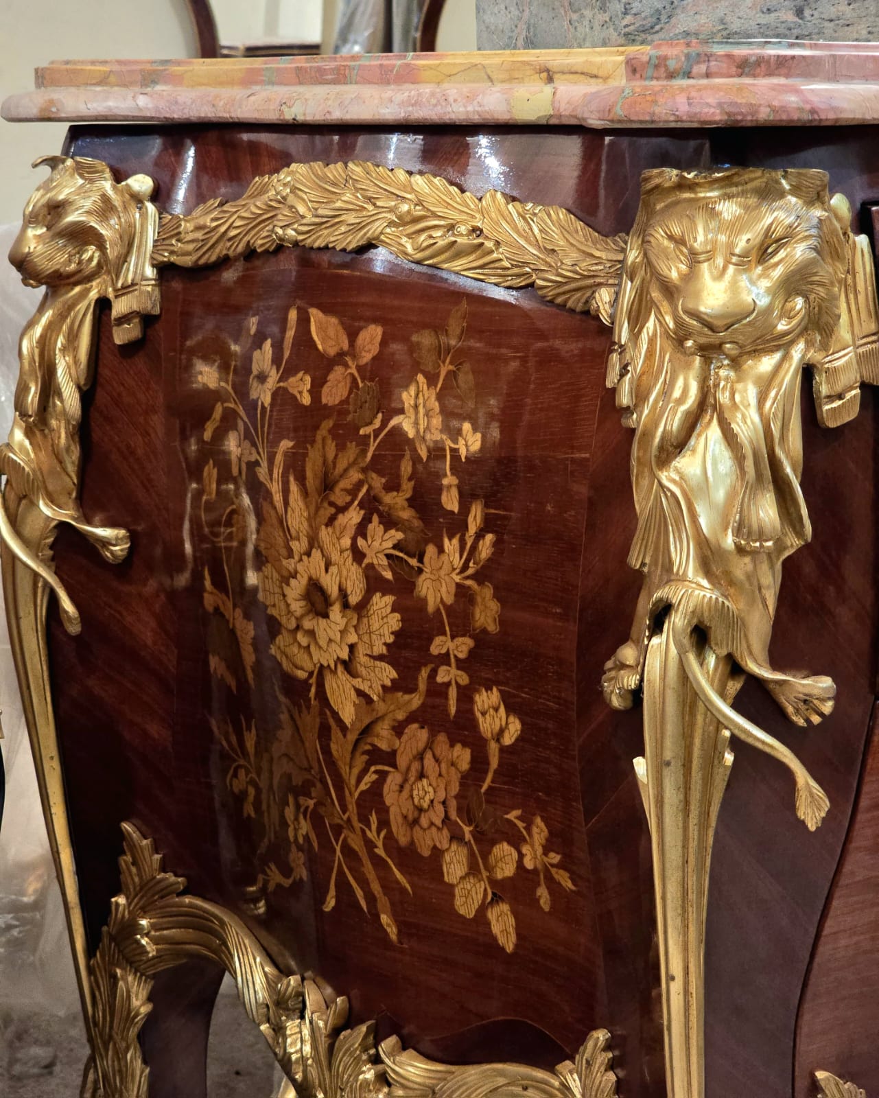 Large French Louis XV Style Commode – Marble Top Dresser with Bronze & Gold Details, Luxury 2 Drawer Chest