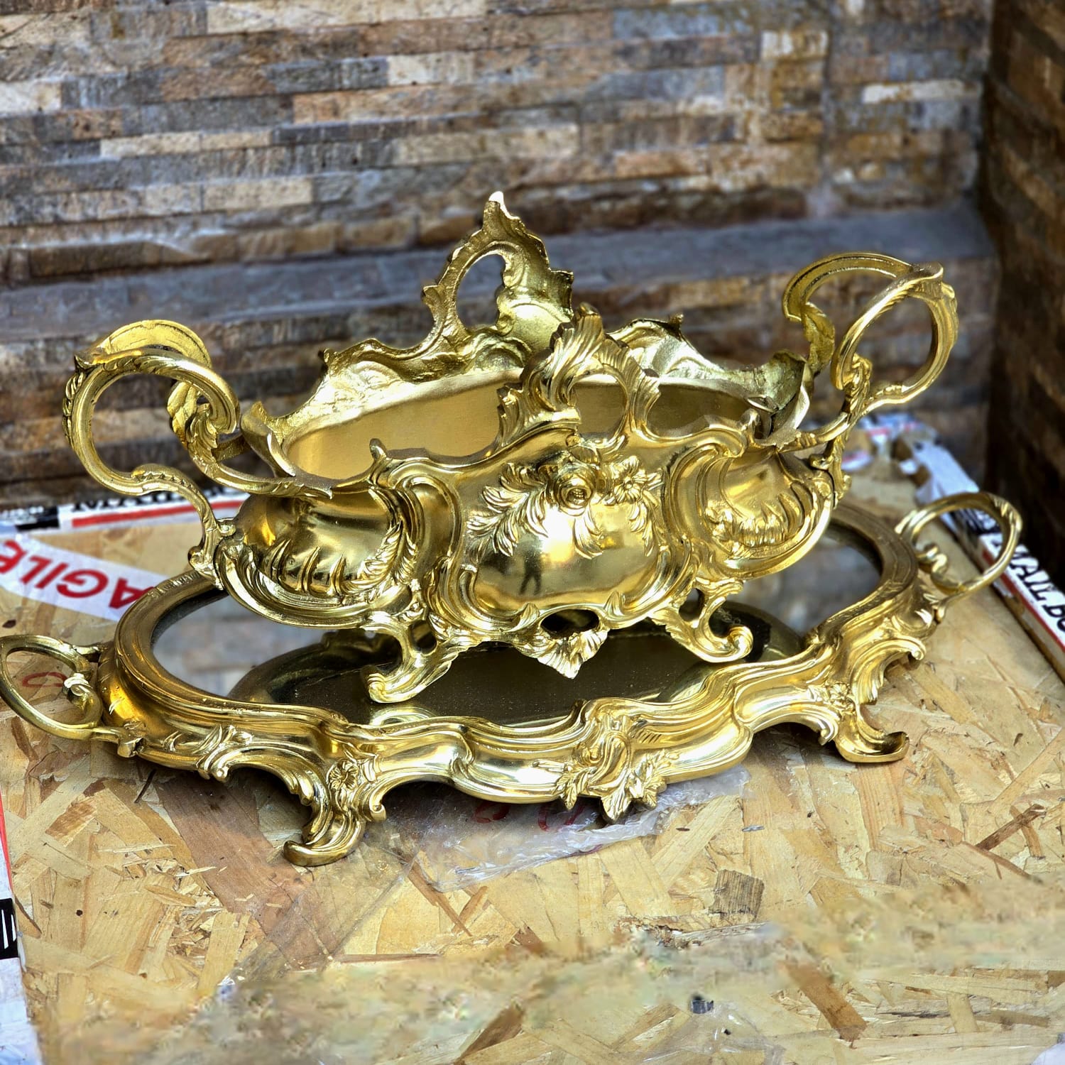 French Rococo Gold Centerpiece Bowl – Aladdin Style Bronze Vessel with Cherub Details