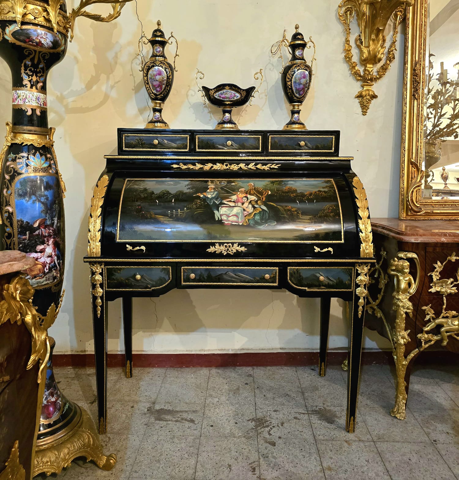 French Louis XV Roll Top Secretary Desk – Hand Painted Black Bureau with Gold Leaf Details