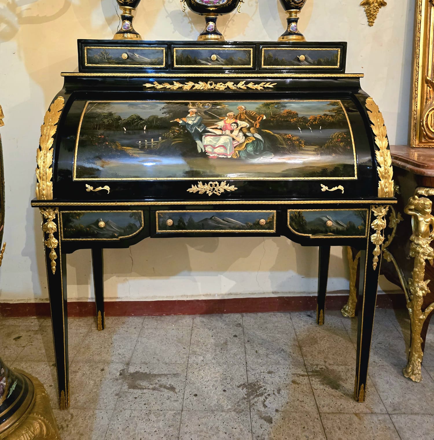 French Louis XV Roll Top Secretary Desk – Hand Painted Black Bureau with Gold Leaf Details
