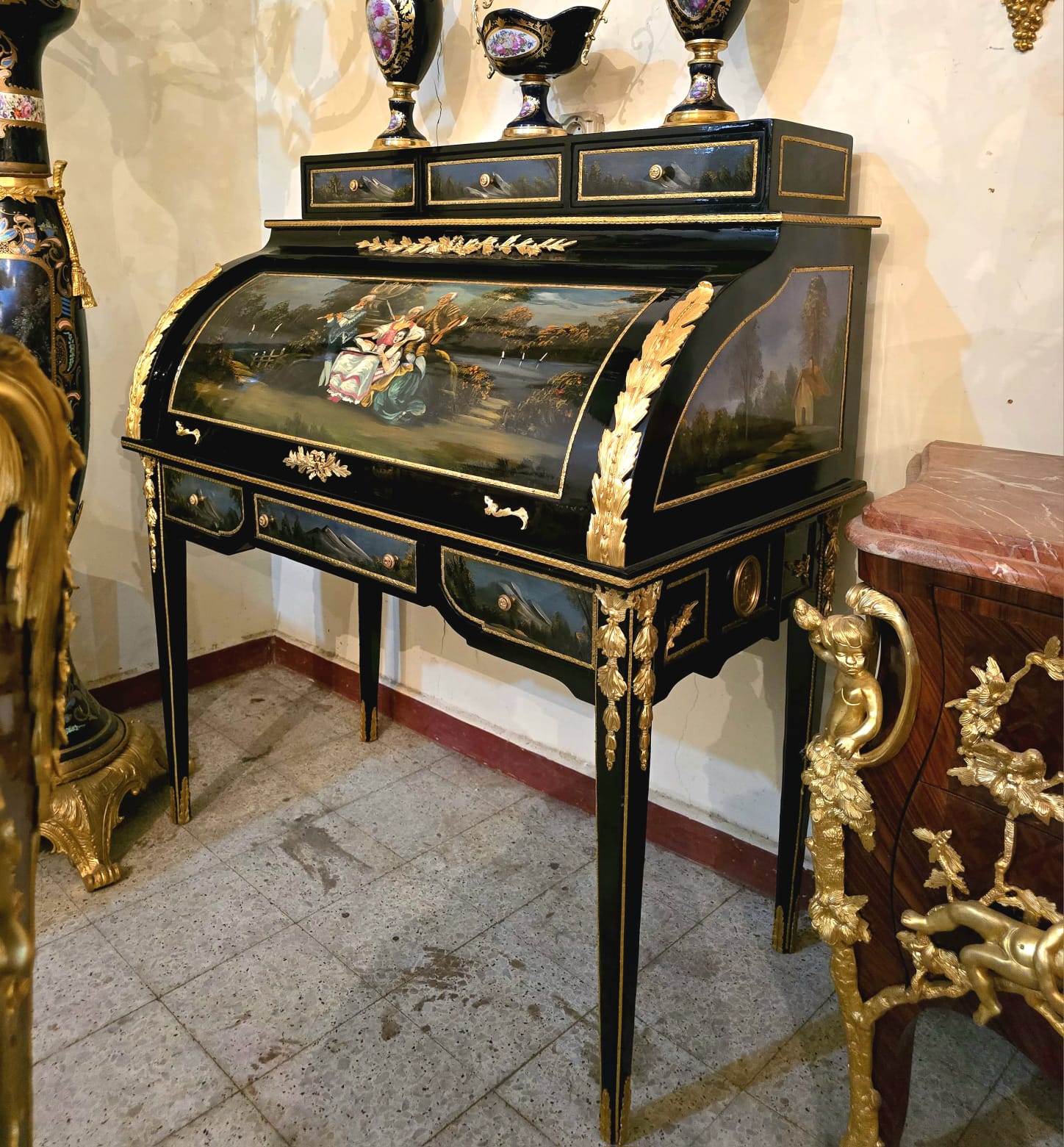 French Louis XV Roll Top Secretary Desk – Hand Painted Black Bureau with Gold Leaf Details