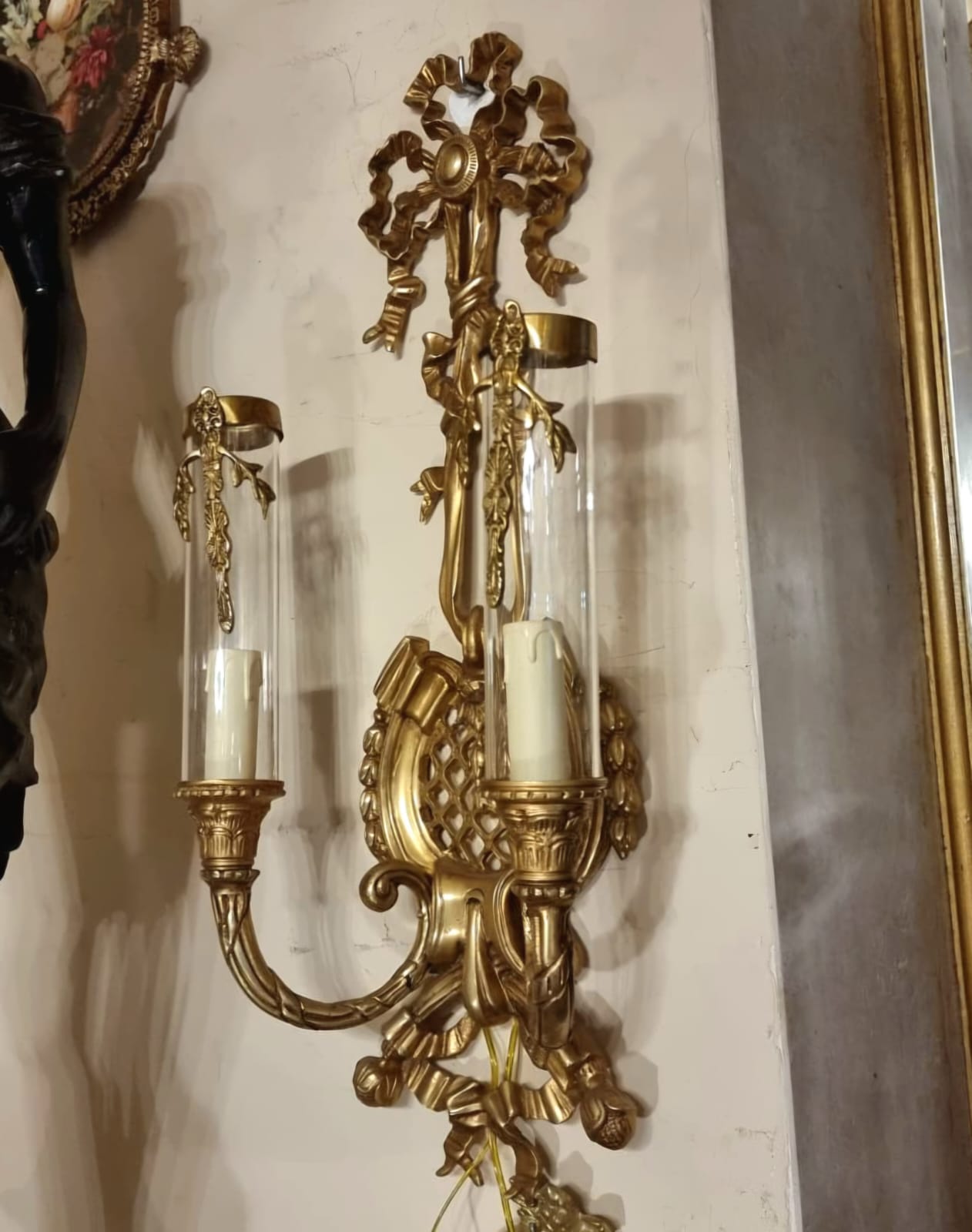 French Rococo Wall Sconce – Gold Leaf Double Arm Lighting with Glass Shades