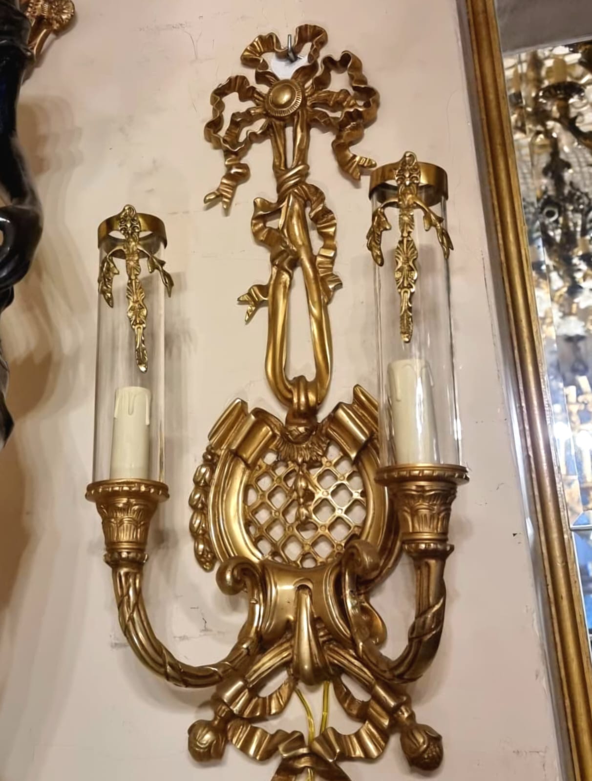 French Rococo Wall Sconce – Gold Leaf Double Arm Lighting with Glass Shades