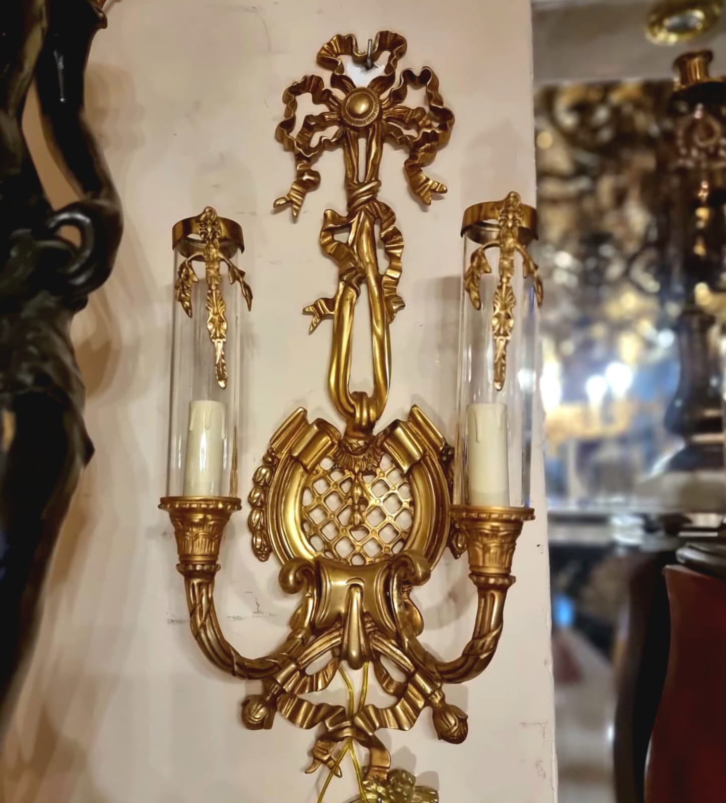 French Rococo Wall Sconce – Gold Leaf Double Arm Lighting with Glass Shades