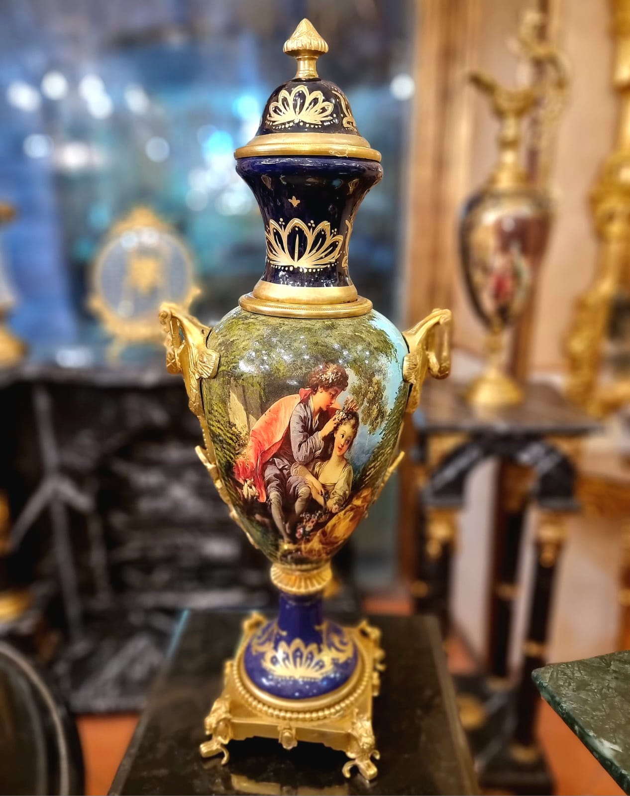 Luxury Blue French Porcelain Vase – Romantic Victorian Scene with Gold Accents