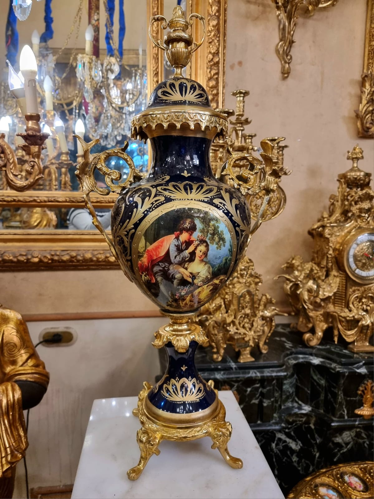 French Porcelain Vase – Blue Romantic Couple with Gold Leaf & Bronze Details