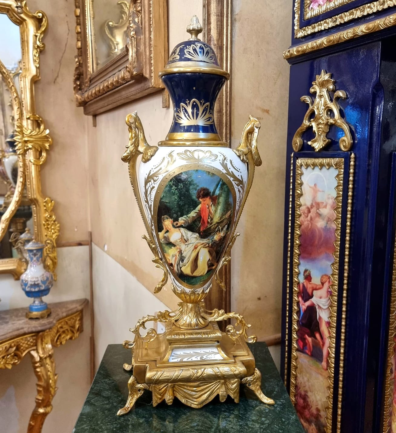 French White Porcelain Vase with Romantic Scene & Gold Gilt Bronze Mounts