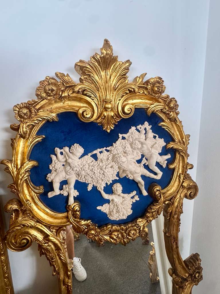 Baroque Rococo Blue Wall Mirror – Ornate Gold Leaf French Frame, 61"H Luxury Statement Mirror