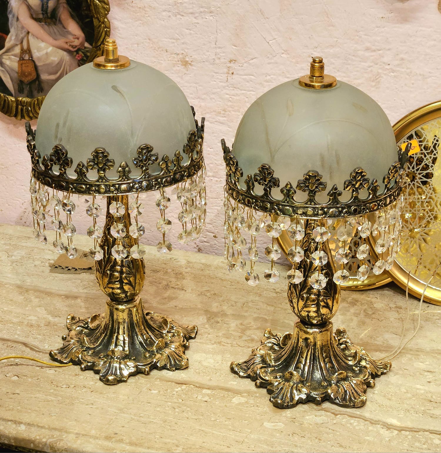 Crystal Fringe Table Lamps with Frosted Glass Shades & Gold and Bronze Base