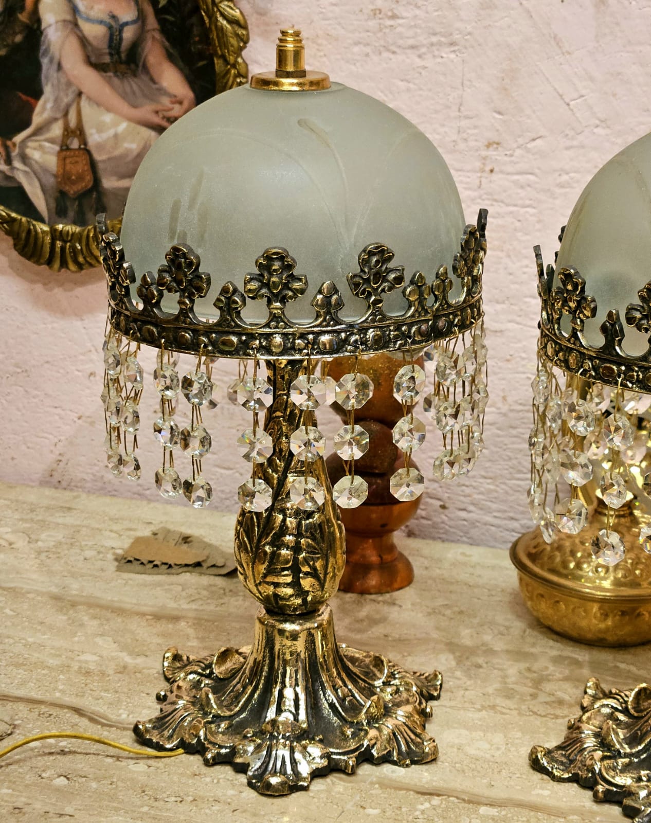 Crystal Fringe Table Lamps with Frosted Glass Shades & Gold and Bronze Base