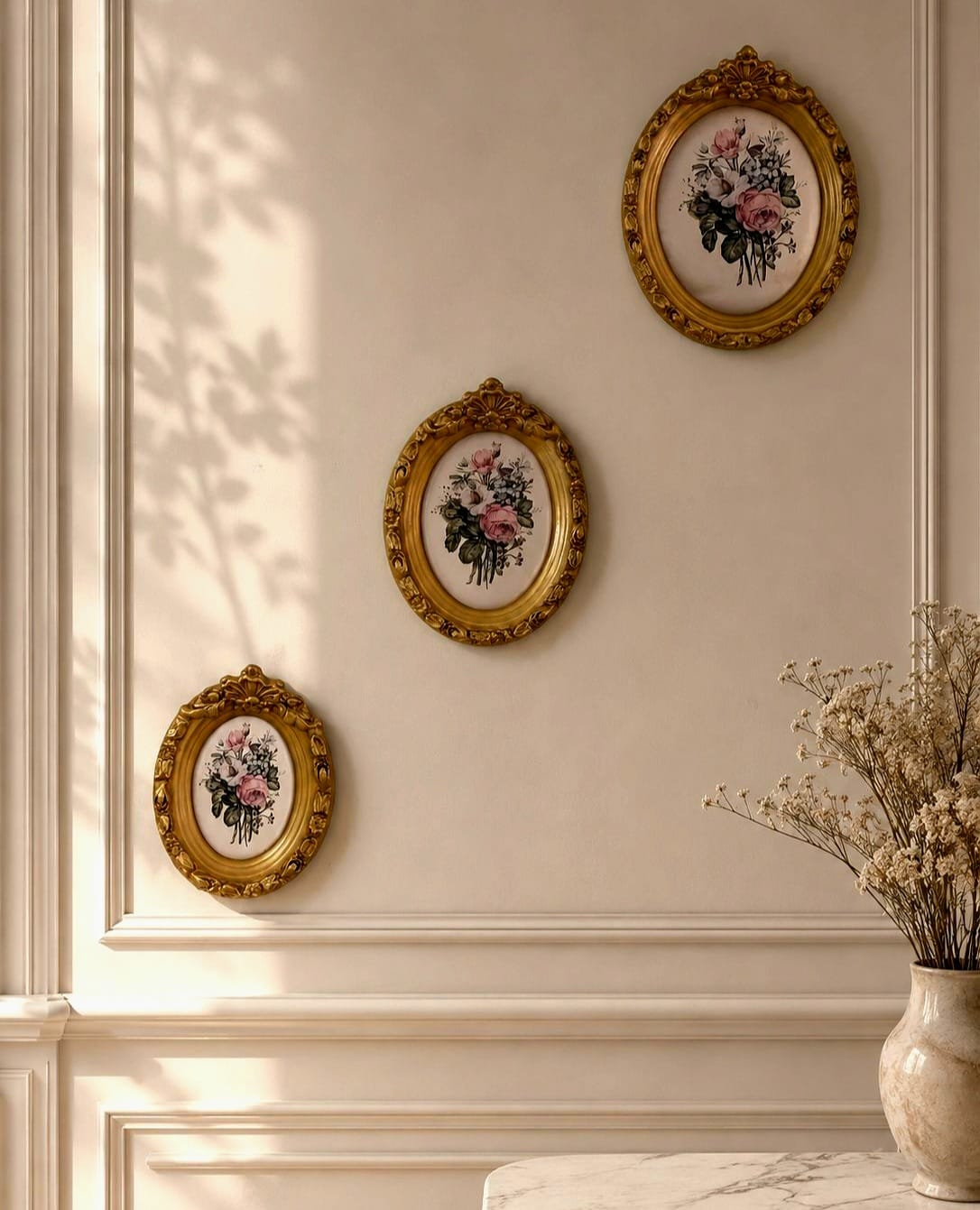 Set of 3 Vintage Floral Wall Art Frames – Ornate Gold Oval French Style Décor