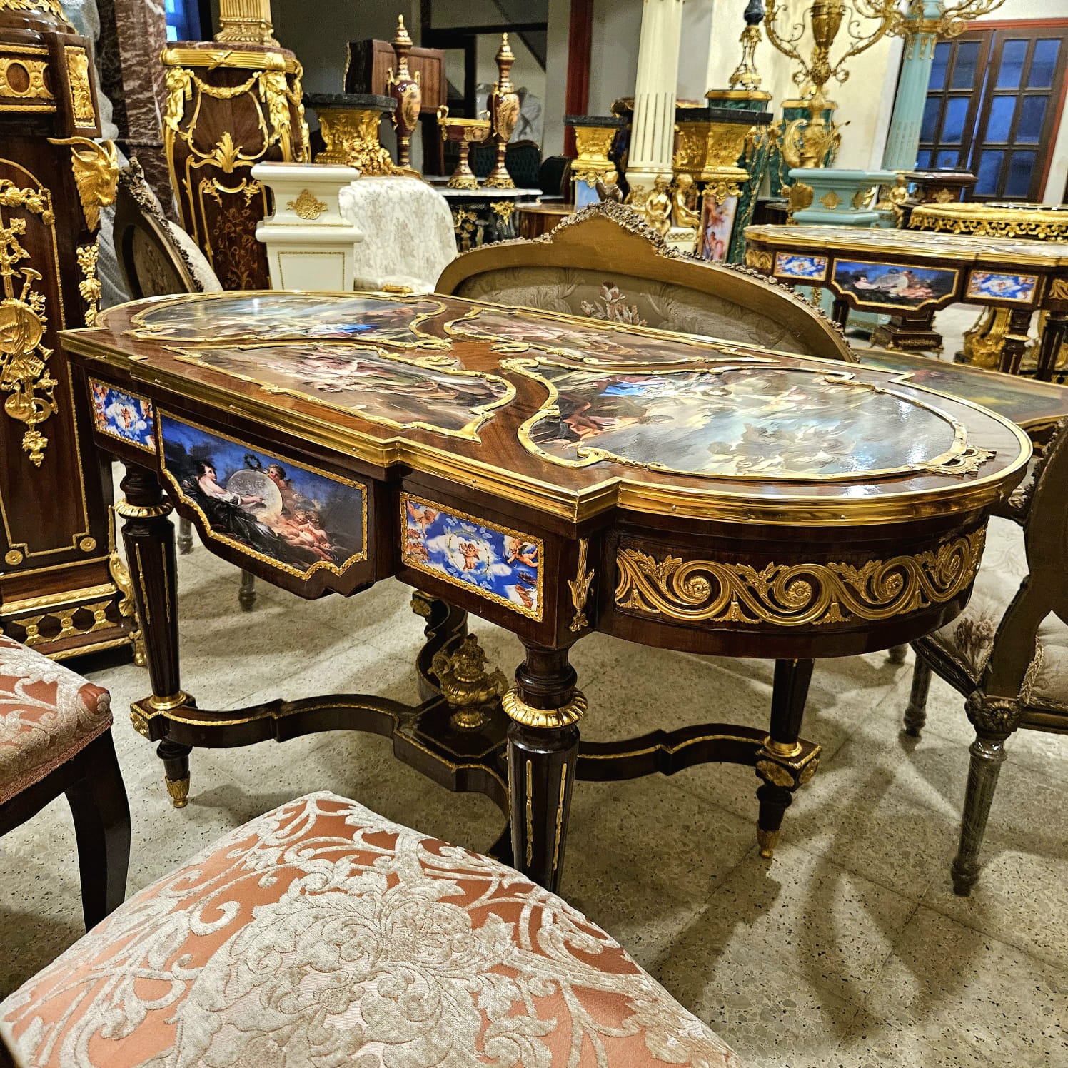 Monumental French Rococo Center Table with Hand-Painted Artwork & Gilded Bronze Details