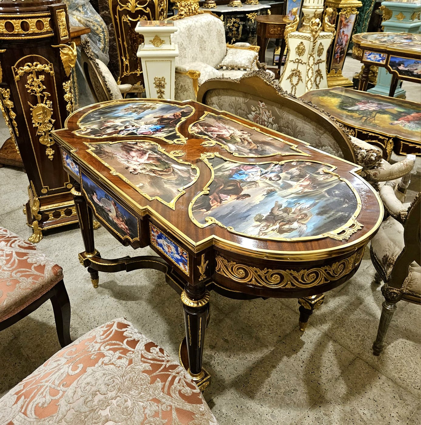 Monumental French Rococo Center Table with Hand-Painted Artwork & Gilded Bronze Details