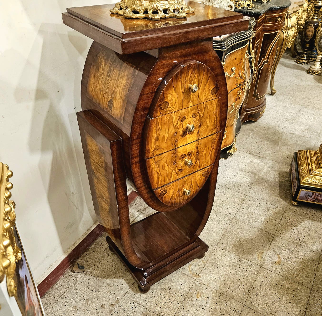 Art Deco Wood Nightstand Chest with 4 Drawers – Handcrafted Burl Wood Accent Cabinet