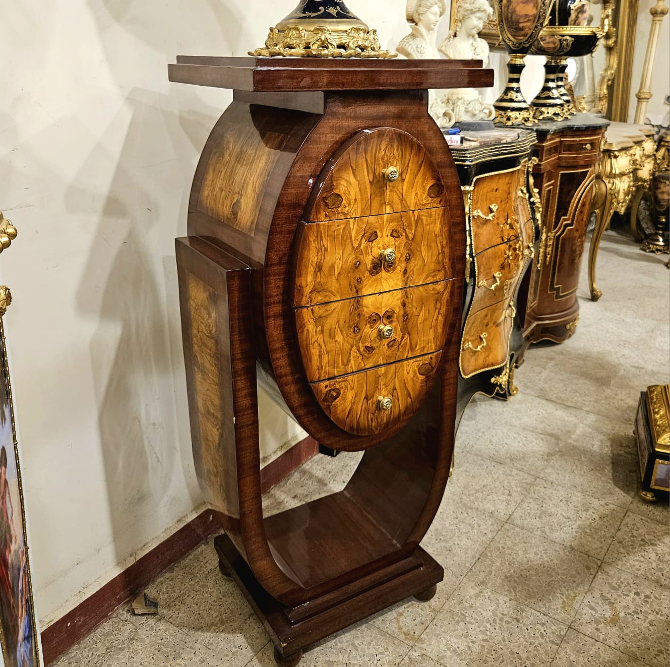 Art Deco Wood Nightstand Chest with 4 Drawers – Handcrafted Burl Wood Accent Cabinet