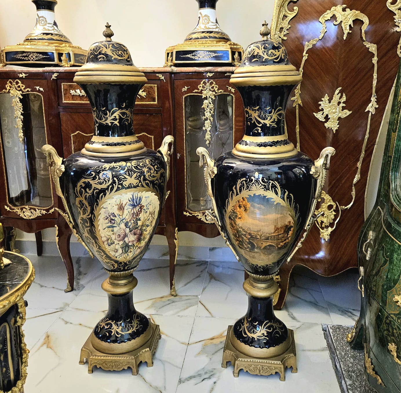Midnight Blue French Style Porcelain Vase with Nature Artwork, Gold Leaf & Bronze Details