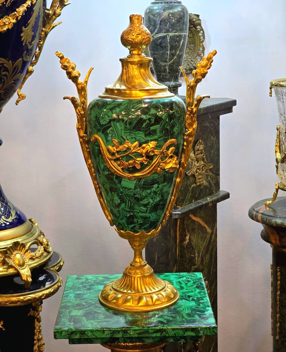 French Style Green Porcelain Vase with Gold Leaf & Bronze Accents – Marbleized Decorative Vase