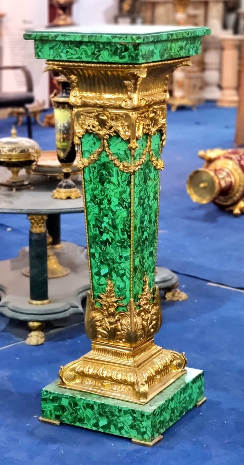 Marbleized Green Rococo Display Pedestal with Gold Leaf & Bronze Accents