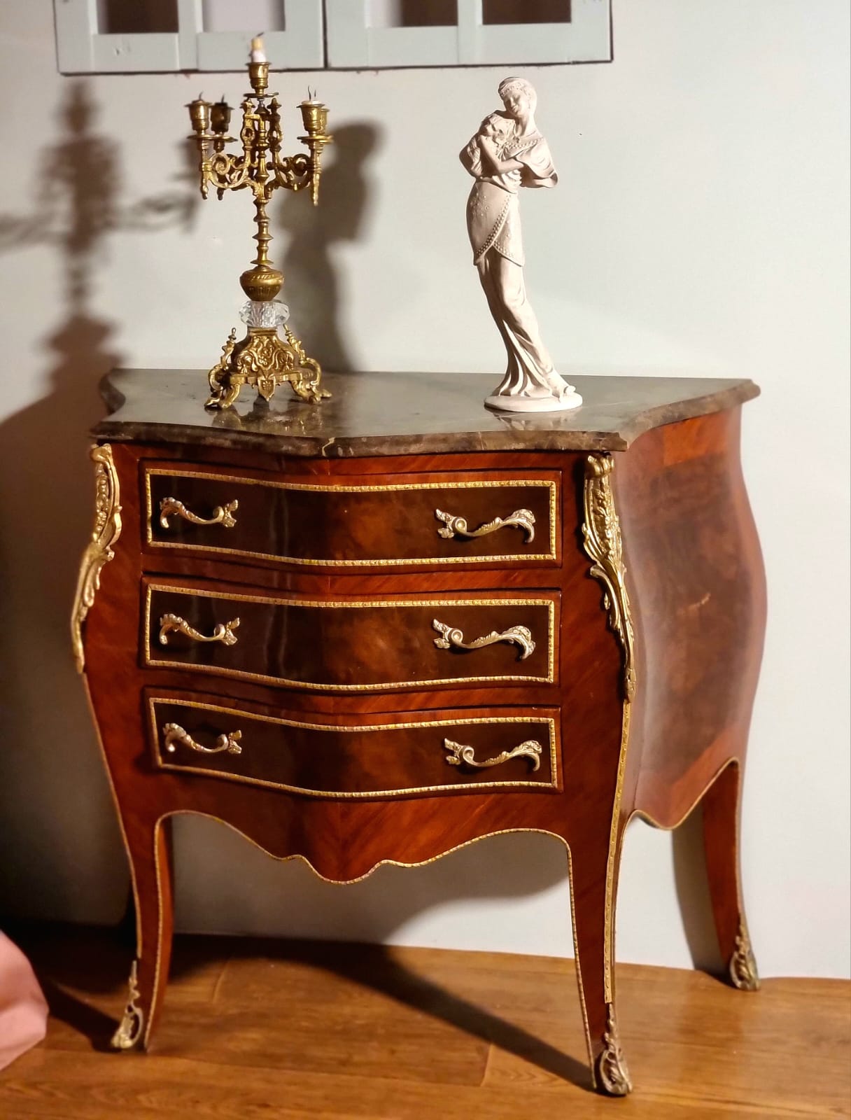 Elegant French 3 Drawer Commode – Curved Bombe Chest with Marble Top