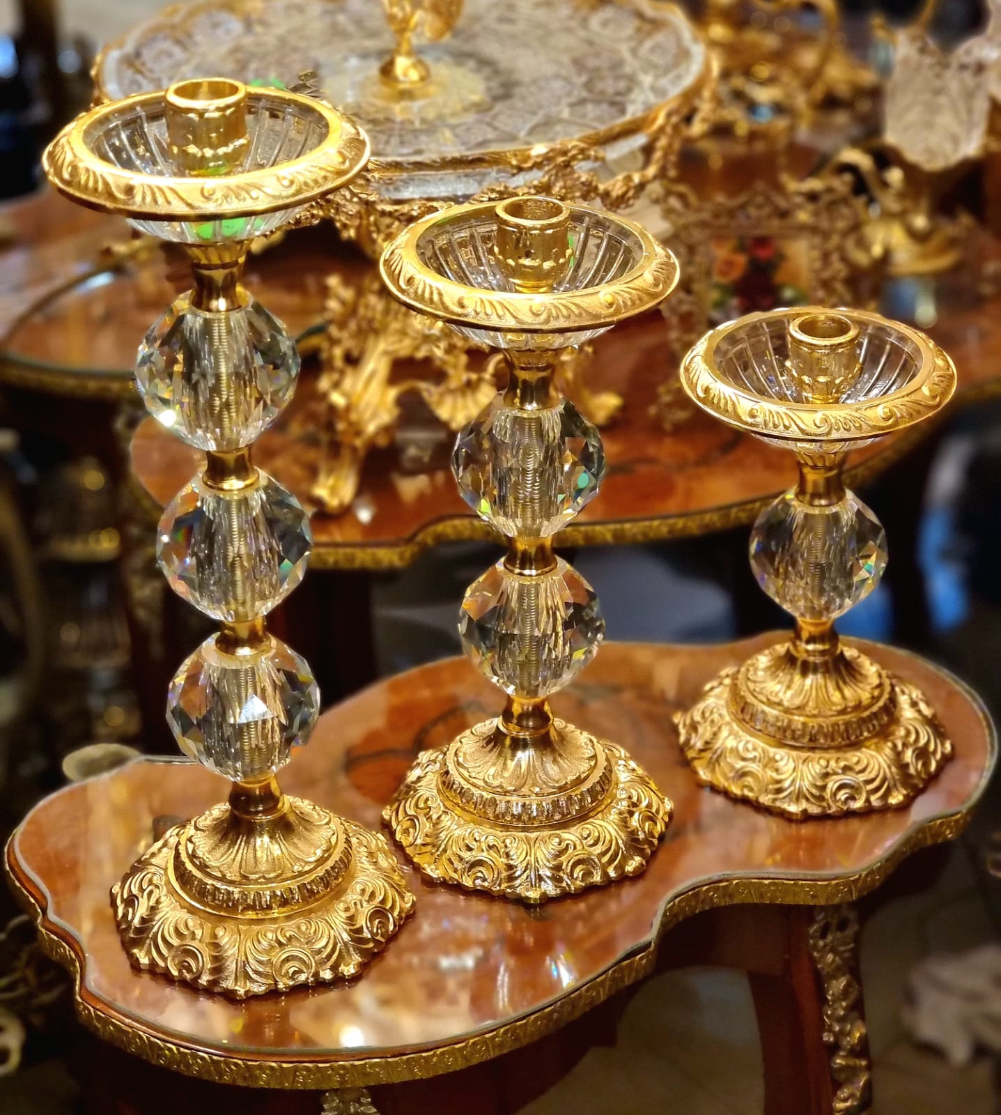 Set of 3 Crystal & Gilded Brass Candlestick Holders – French Style Decorative Candleholders