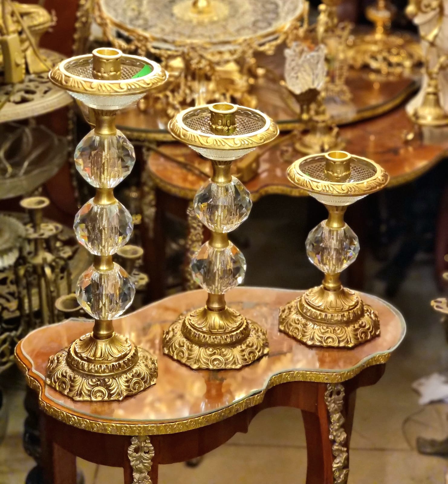 Set of 3 Crystal & Gilded Brass Candlestick Holders – French Style Decorative Candleholders