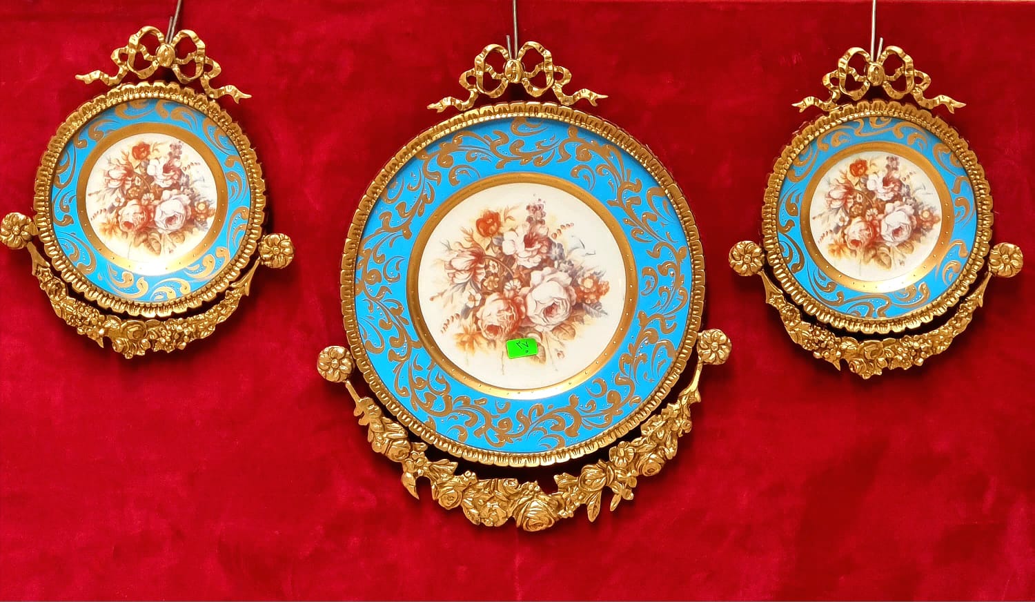 Set of 3 Baroque Ceramic Sky Blue Wall Art Pieces with Ornate Gold Frames & Floral Artwork