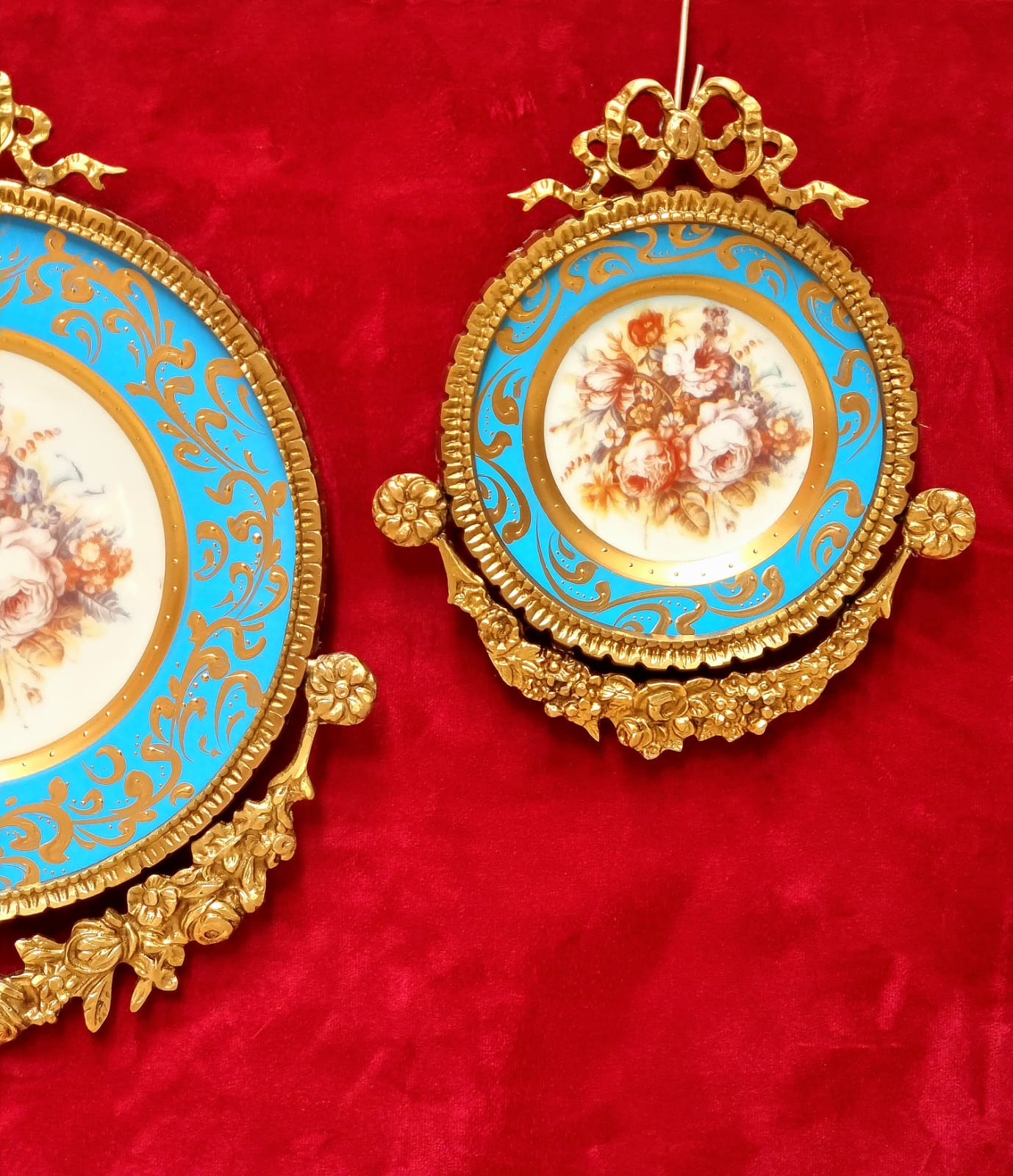 Set of 3 Baroque Ceramic Sky Blue Wall Art Pieces with Ornate Gold Frames & Floral Artwork