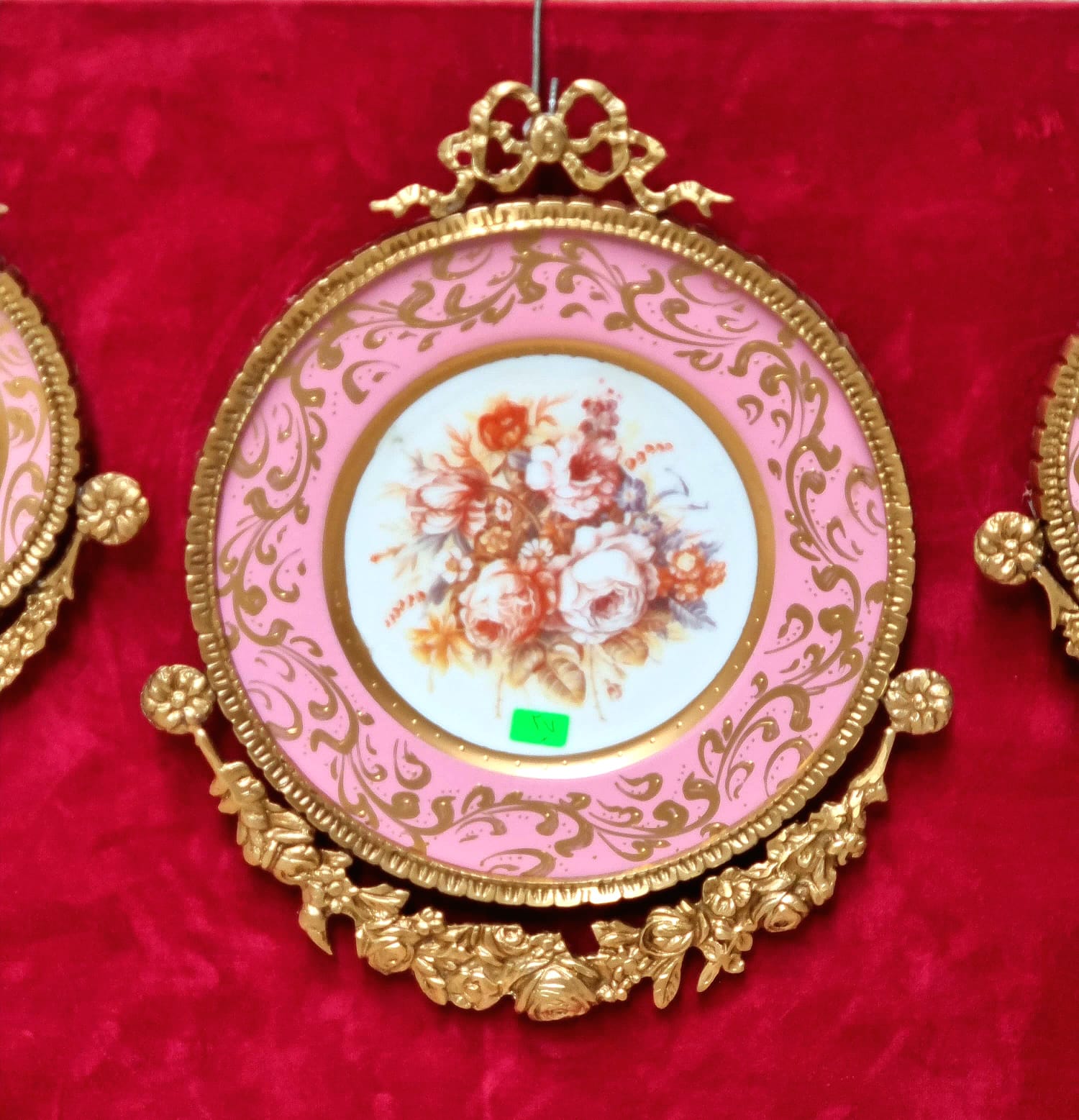Set of 3 Baroque Ceramic Pink Wall Art Pieces with Ornate Gold Frames & Floral Artwork
