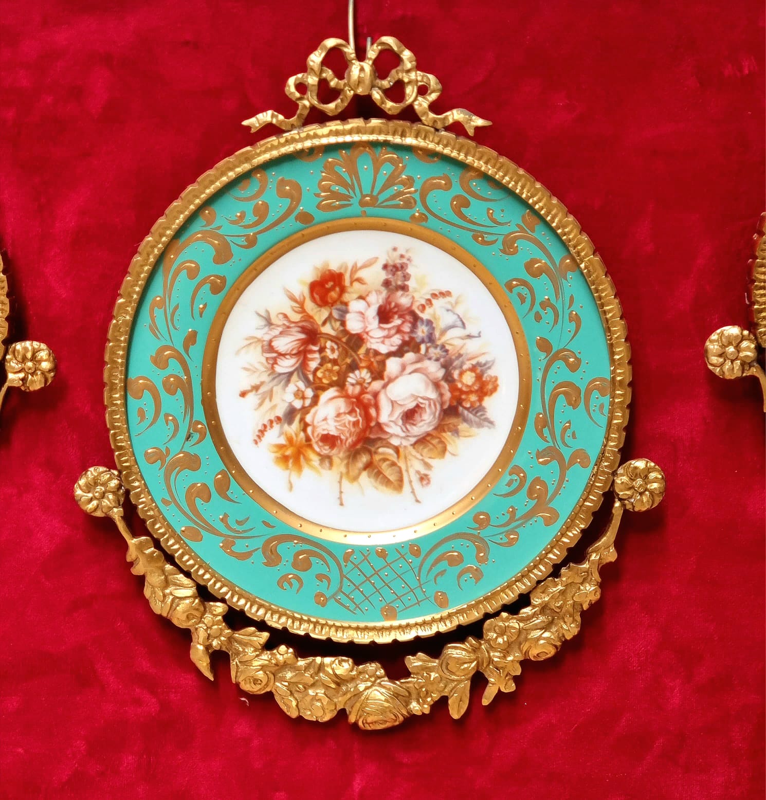 Set of 3 Baroque Ceramic Turquoise Wall Art Pieces with Ornate Gold Frames & Floral Artwork