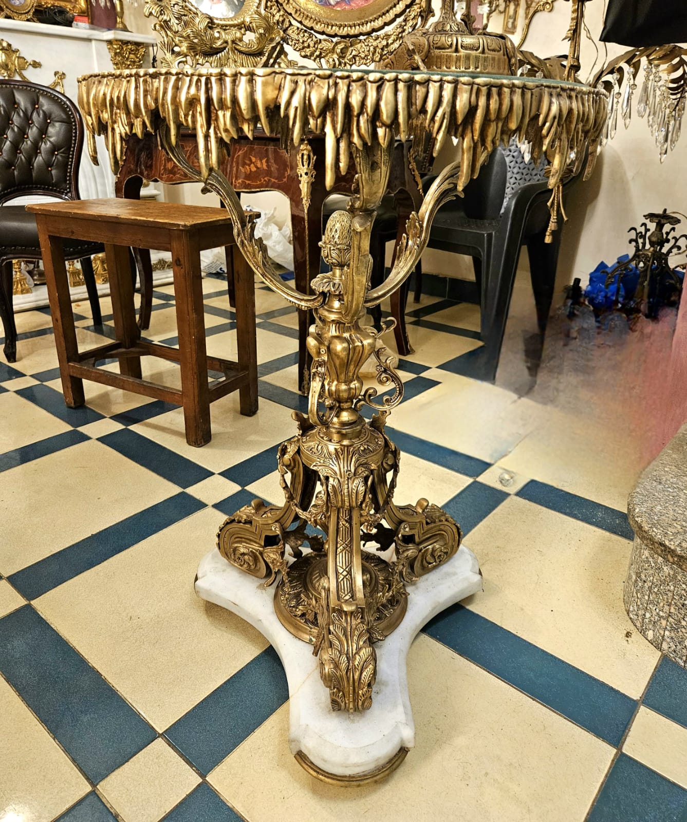 Grand French Baroque Coffee Table with Glass Top, Marble Base & Gilded Sculptural Details