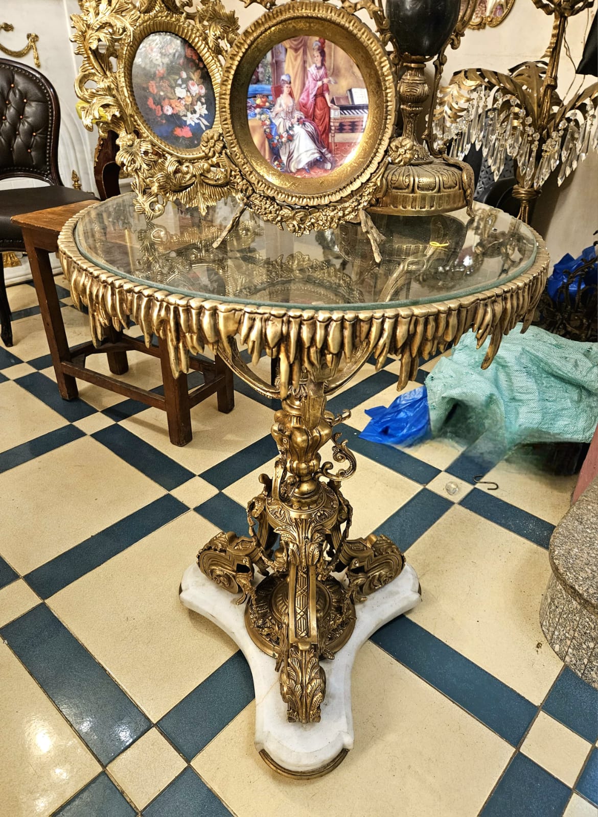 Grand French Baroque Coffee Table with Glass Top, Marble Base & Gilded Sculptural Details